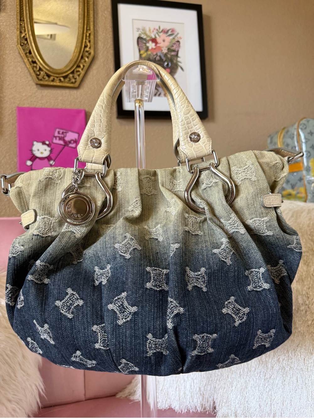 Authentic CELINE Macadam Ombre DENIM Bag Croc-Embossed Leather wSilver Hardware - Picture 7 of 16